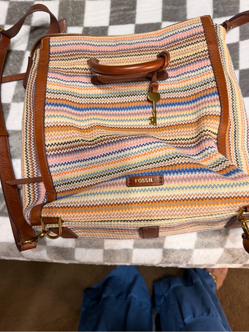 Fossil Multicolor Chevron Tote/Backpack with Brown Leather Trim and Key Charm